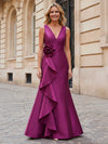 V-Neck Satin Mother of the Bride Dresses with 3D Flower