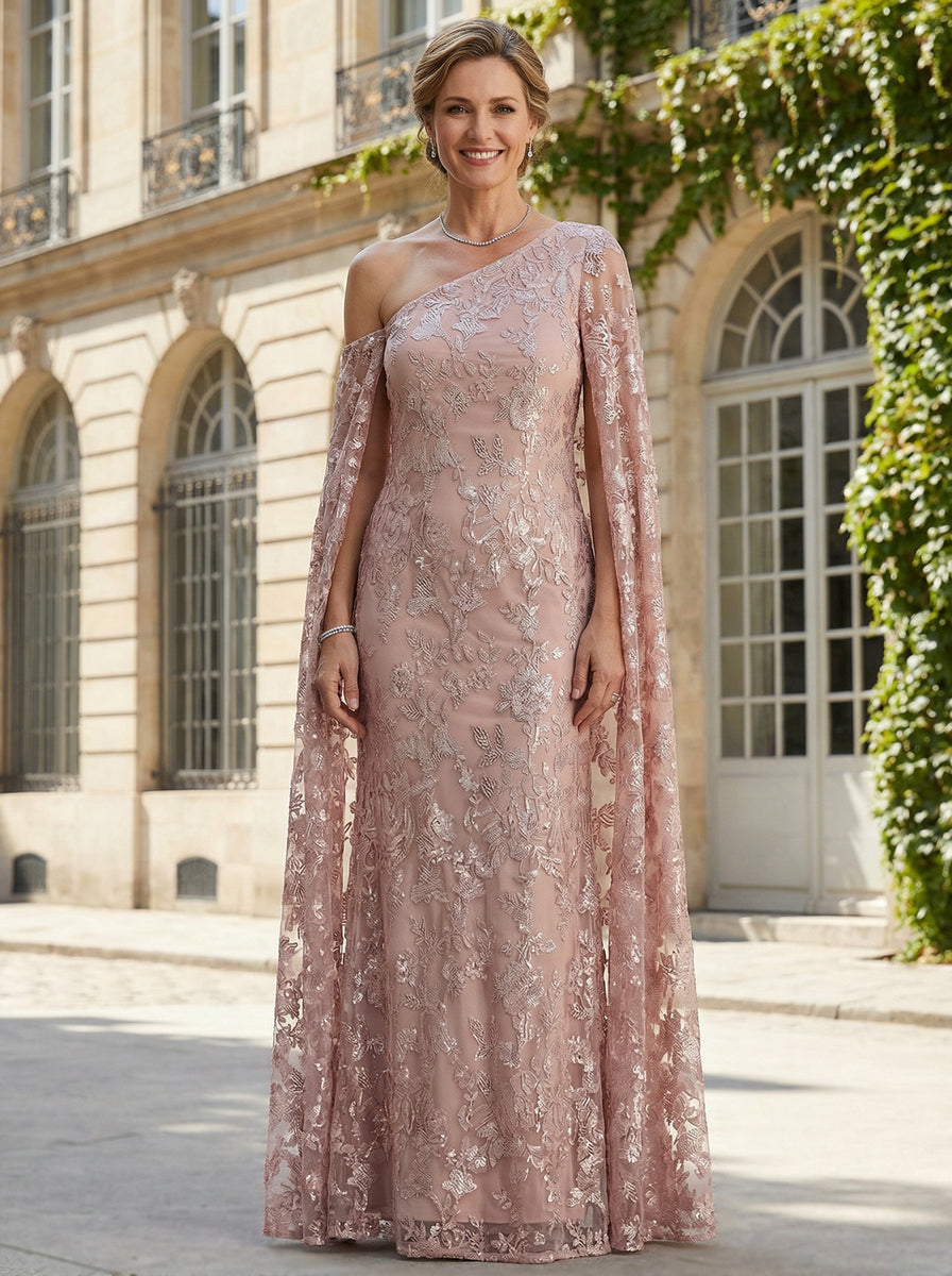 One-Shoulder Lace Tulle Mother of the Bride Dresses with Sleeves