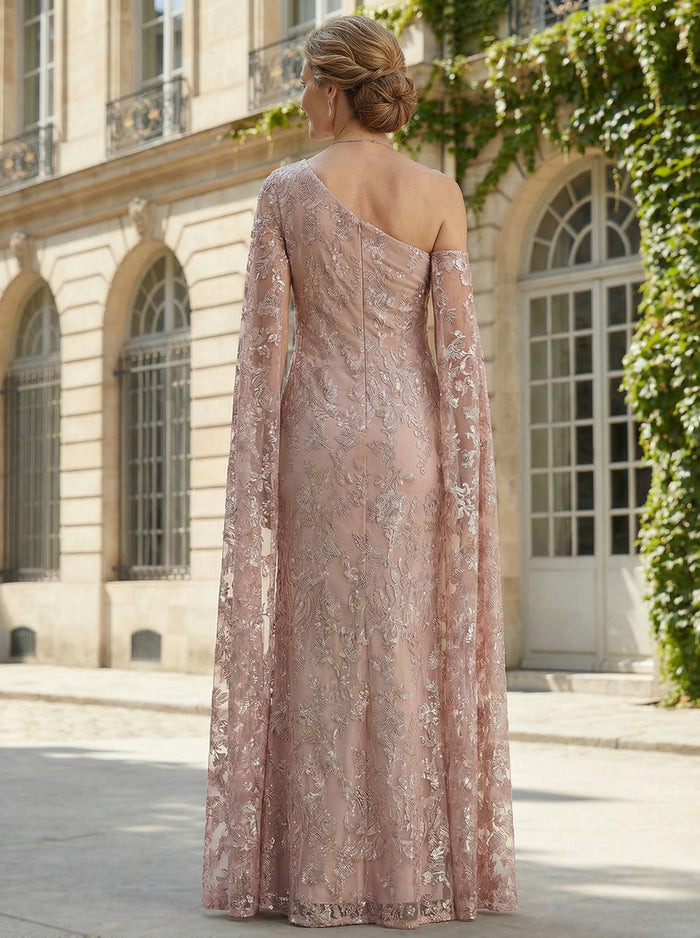 One-Shoulder Lace Tulle Mother of the Bride Dresses with Sleeves