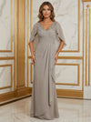 V-Neck Lace Chiffon Mother of the Bride Dresses with Sleeves & Caps
