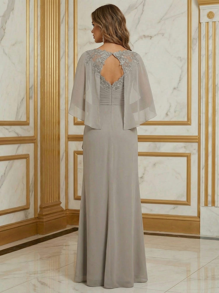 V-Neck Lace Chiffon Mother of the Bride Dresses with Sleeves & Caps