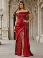 Off the Shoulder Long Sequin Satin Mermaid Pleated Evening Dresses with Sash