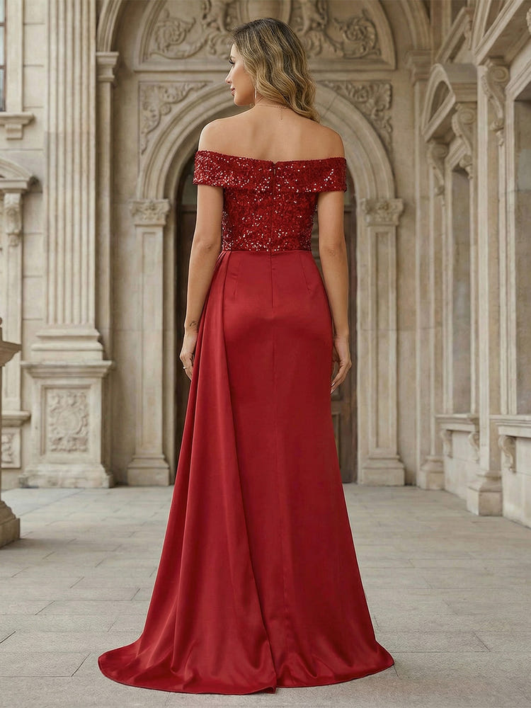Off the Shoulder Long Sequin Satin Mermaid Pleated Evening Dresses with Sash