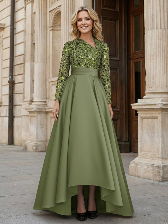 Satin Sequin Asymmetric Neck Mother of the Bride Dresses