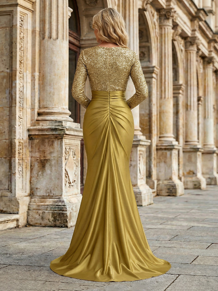 Satin Mermaid Crew Neck Pleated Mother of the Bride Dresses