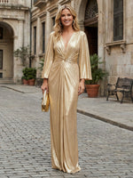 Metallic Satin A-Line V Neck Pleated Mother of the Bride Dresses