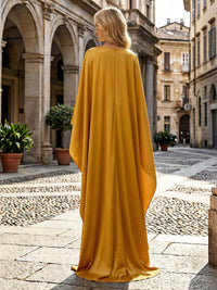 Satin Mermaid V Neck Pleated Evening Dresses with Caps