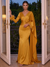 Long Satin Mermaid V Neck Evening Dresses with Caps & Feather