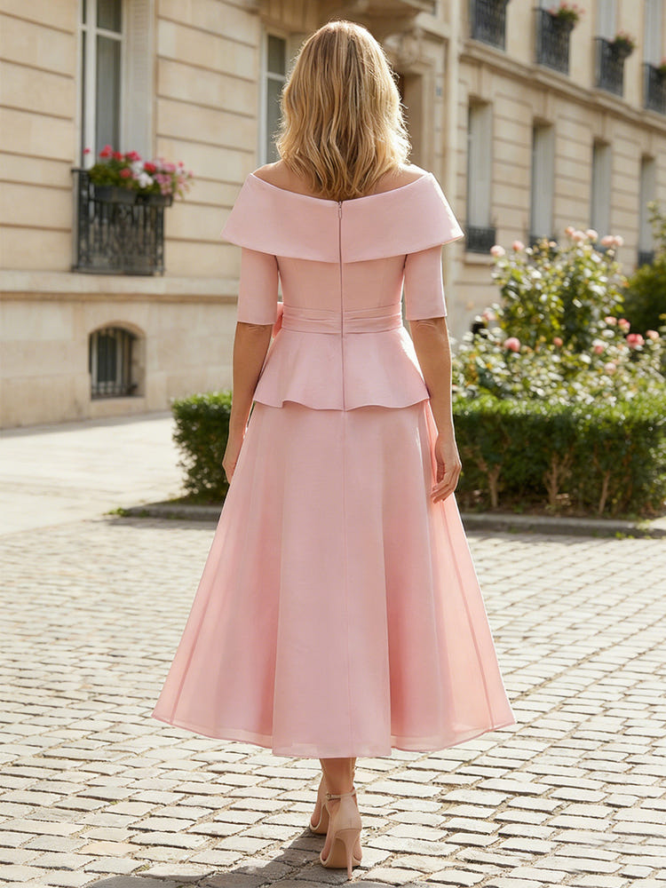 2026 Mother of the Bride Dresses with Sleeves Off-the-Shoulder V-Neck Pink Chiffon & Satin A-Line Tiered Tea-Length Wedding Guest Dresses