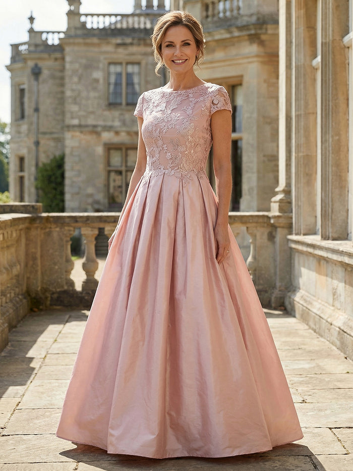 Satin A-Line Jewel Neck Lace Applique Mother of the Bride Dresses