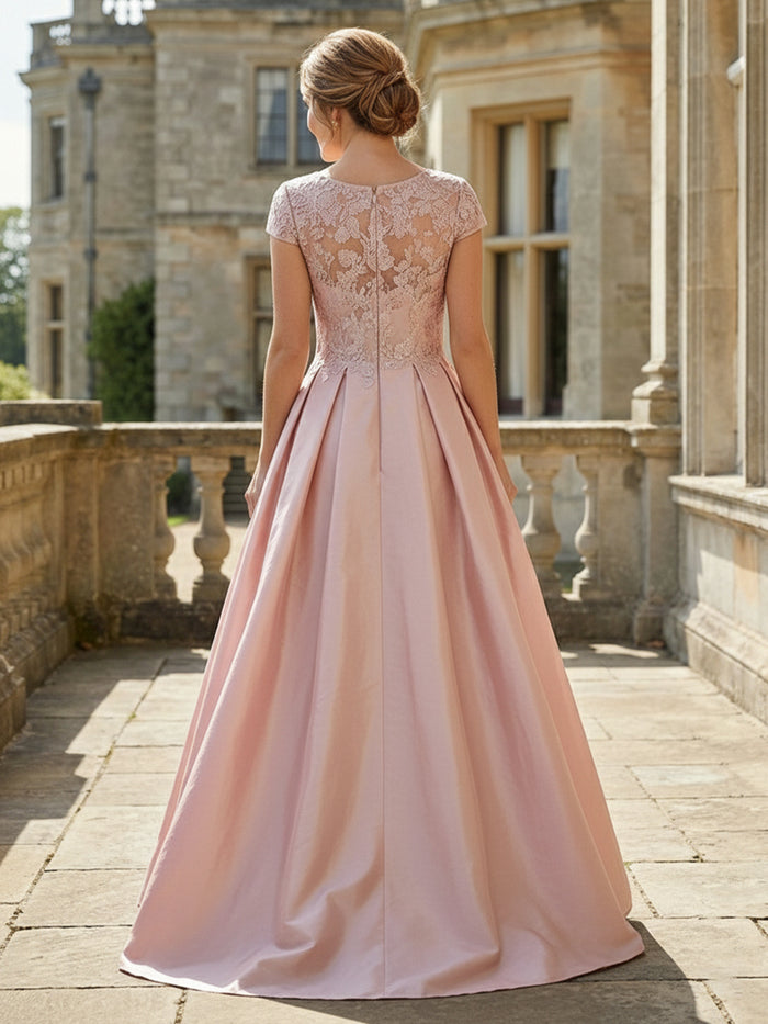 Satin A-Line Jewel Neck Lace Applique Mother of the Bride Dresses