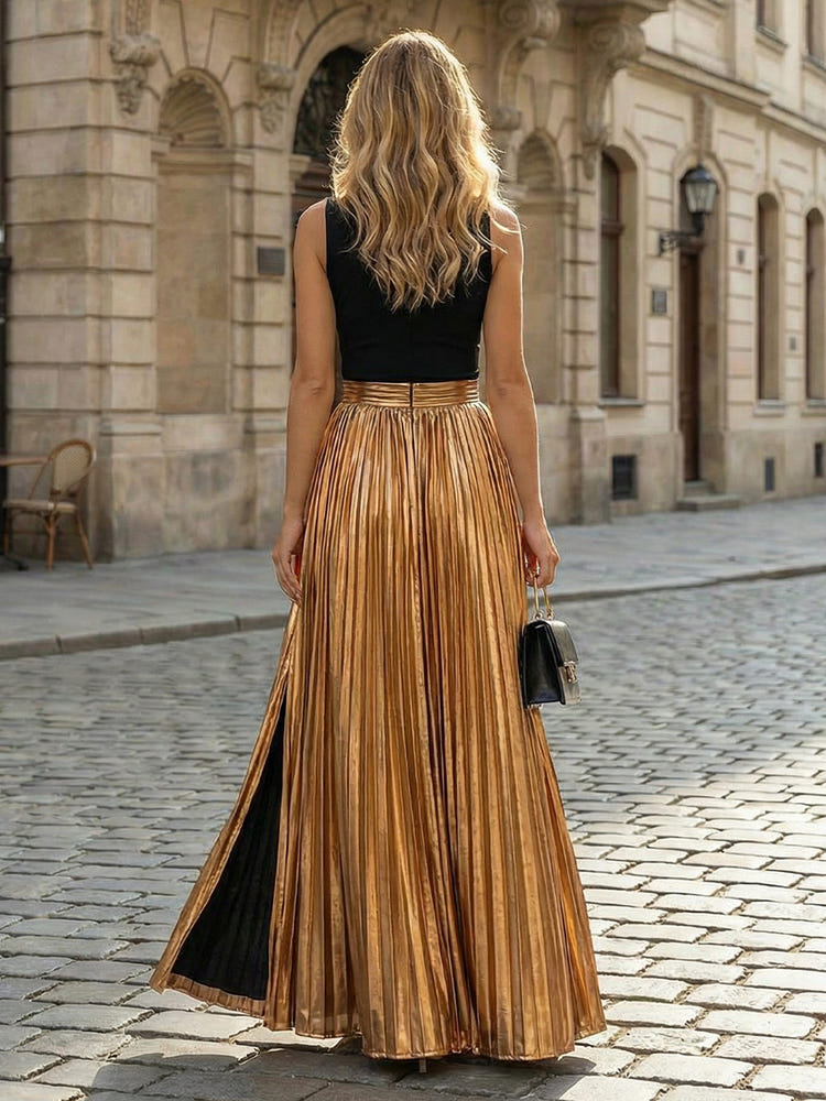 Metallic Satin A-Line Round Neck Front Slit Mother of the Bride Dresses