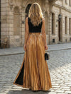 Metallic Satin A-Line Round Neck Front Slit Mother of the Bride Dresses