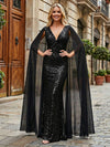 Sequin Mermaid V Neck Evening Dresses with Chiffon Caps