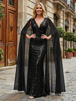 Sequin Mermaid V Neck Evening Dresses with Chiffon Caps