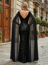 Sequin Mermaid V Neck Evening Dresses with Chiffon Caps