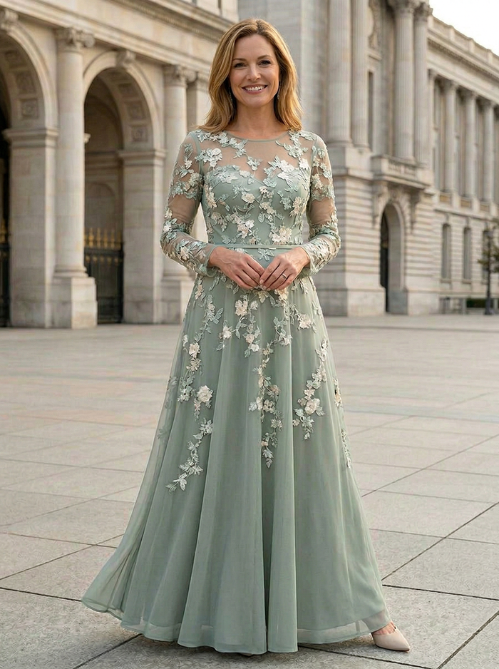 Chiffon Boat Neck Floral Embroidery Mother of the Bride Dresses