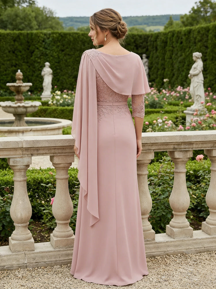 Chiffon Mermaid Crew Neck Side Slit Mother of the Bride Dresses with Caps