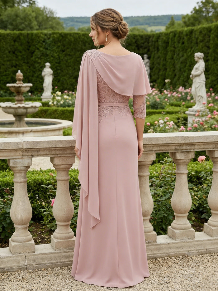 Chiffon Mermaid Crew Neck Side Slit Mother of the Bride Dresses with Caps