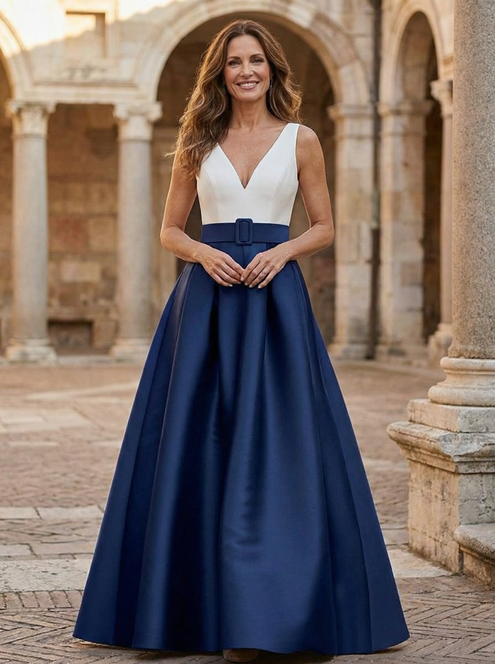 Satin A-Line V Neck Sash Mother of the Bride Dresses
