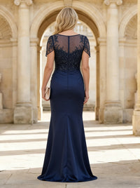 Satin Mermaid Crew Neck Sequin Embroidery Mother of the Bride Dresses