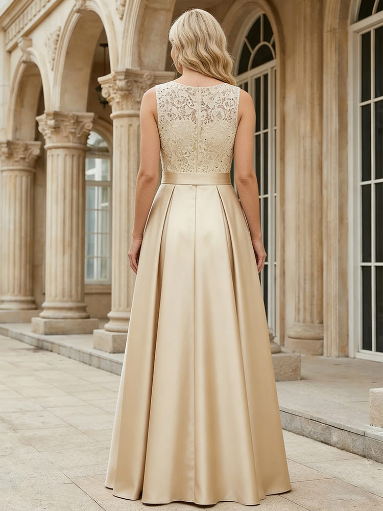 Satin A-Line Crew Neck Lace Applique  Mother of the Bride Dresses