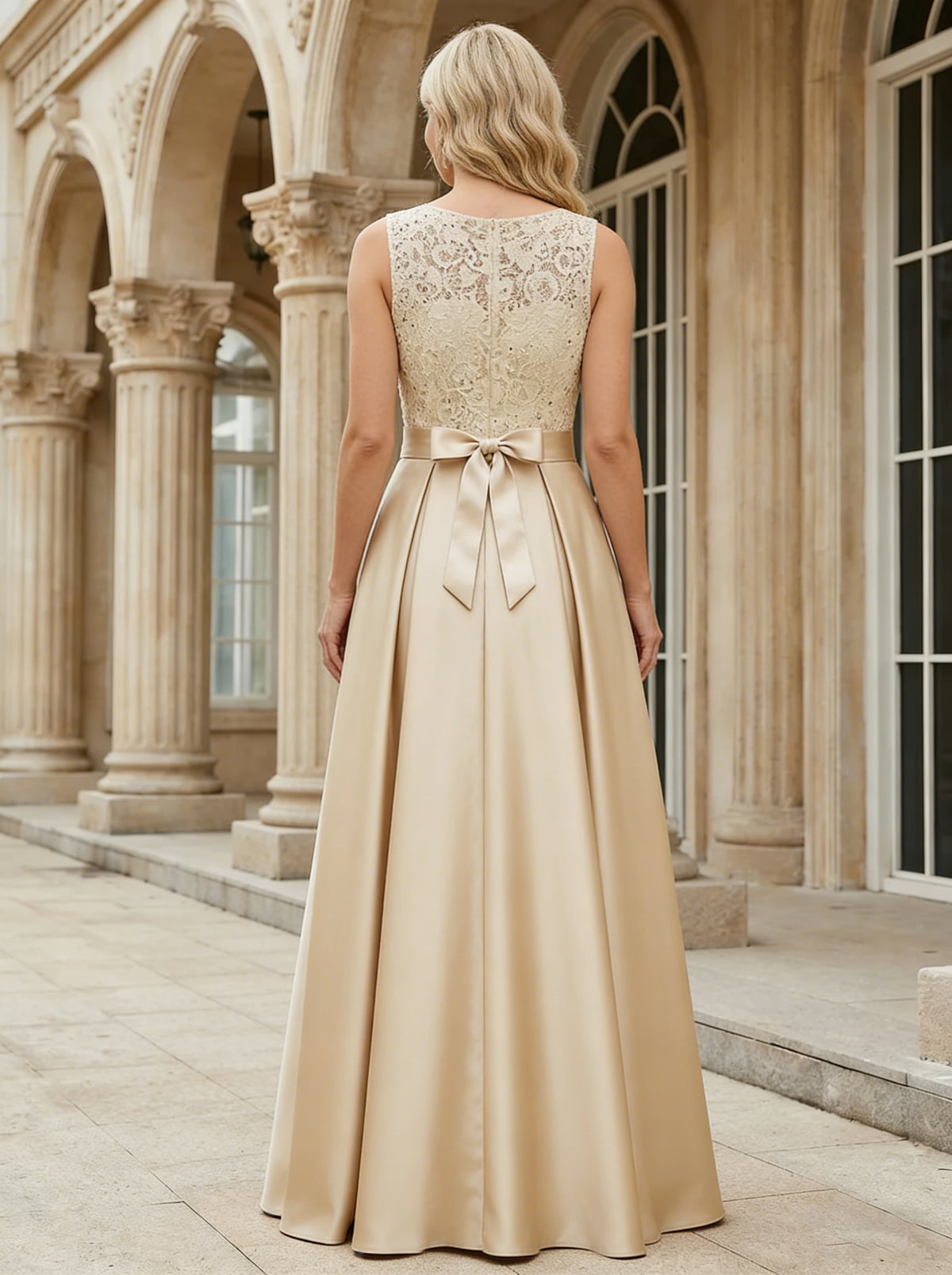 Satin A-Line Crew Neck Lace Applique  Mother of the Bride Dresses