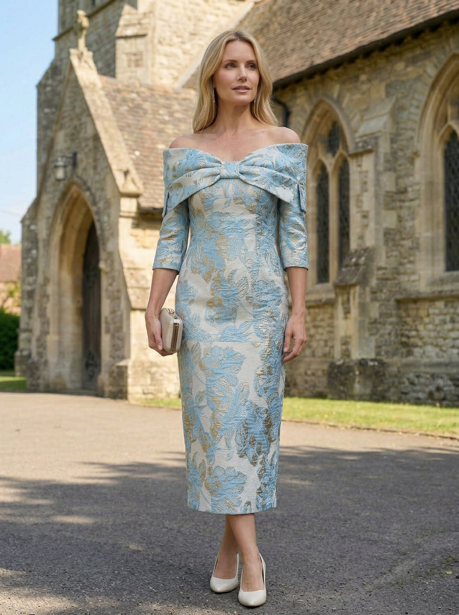Satin Jacquard Sheath Pleated Mother of the Bride Dresses
