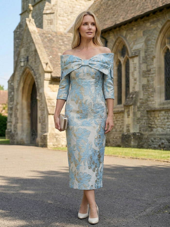 Satin Jacquard Sheath Pleated Mother of the Bride Dresses