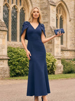 V Neck Short Sleeves Satin Mother of the Bride Dresses with Caps
