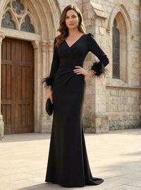 V Neck Long Sleeves Satin Mother of the Bride Dresses