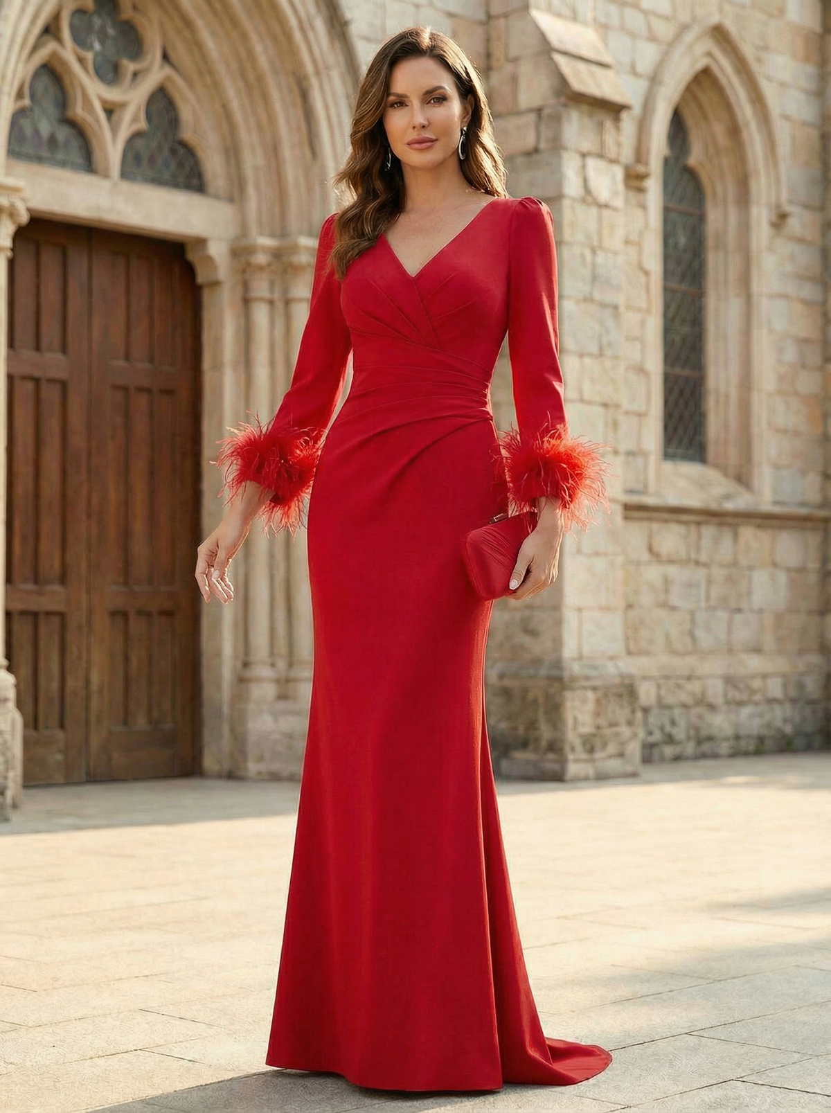 V Neck Long Sleeves Satin Mother of the Bride Dresses