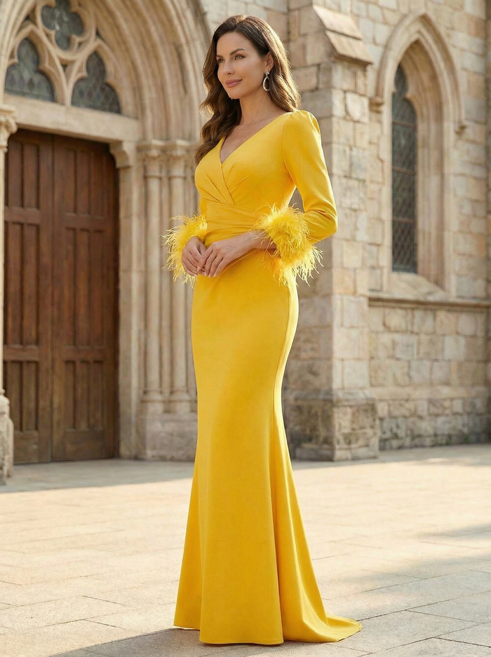 V Neck Long Sleeves Satin Mother of the Bride Dresses