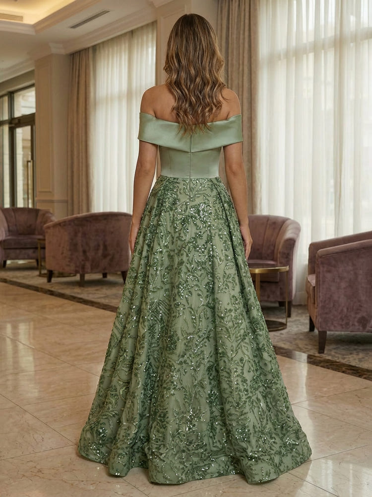 Sequin Embroidery A-Line Off the Shoulder Pleated Evening Dresses