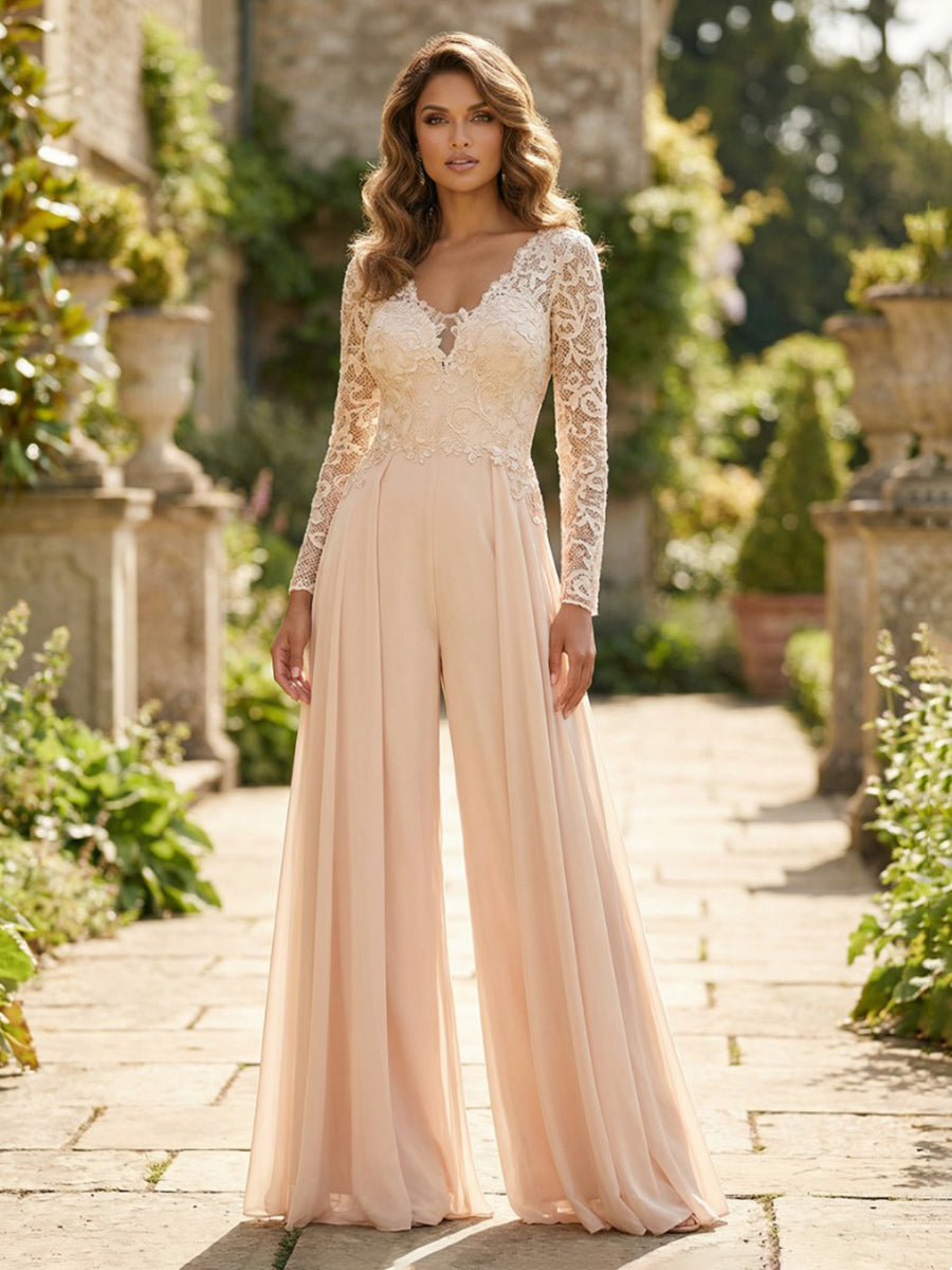 Chiffon V Neck Lace Mother of the Bride Pantsuits