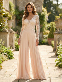 Chiffon V Neck Lace Mother of the Bride Pantsuits