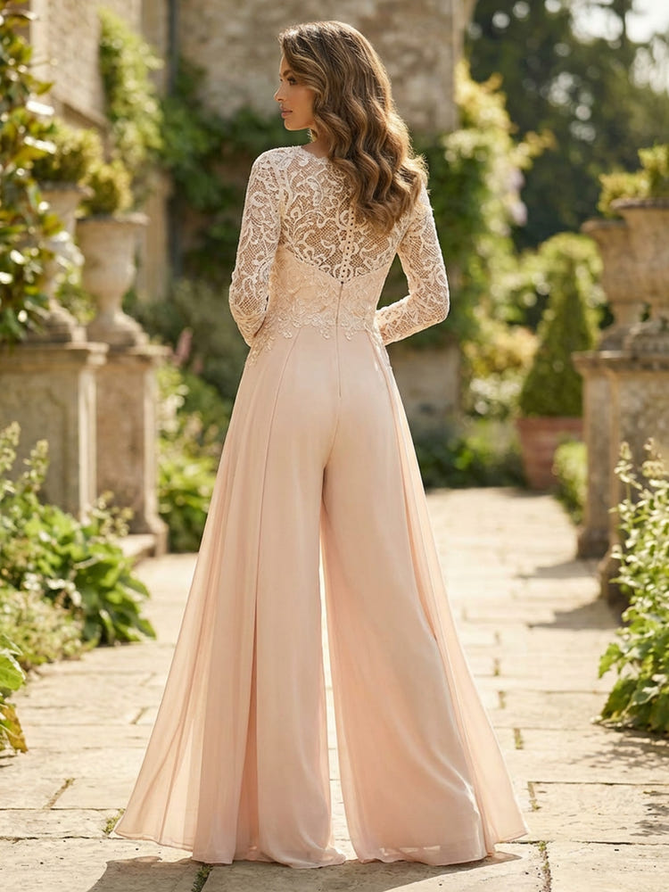 Chiffon V Neck Lace Mother of the Bride Pantsuits