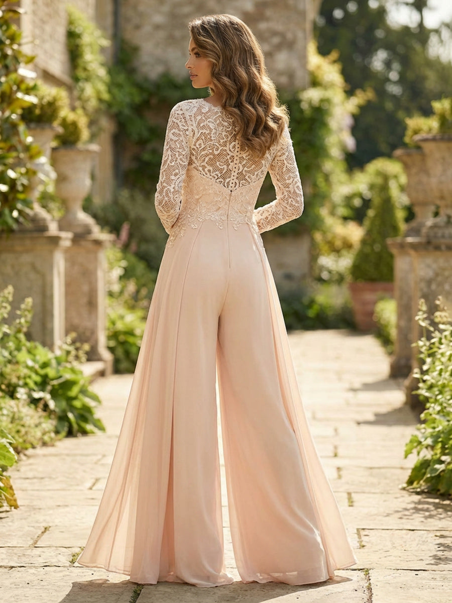 Chiffon V Neck Lace Mother of the Bride Pantsuits