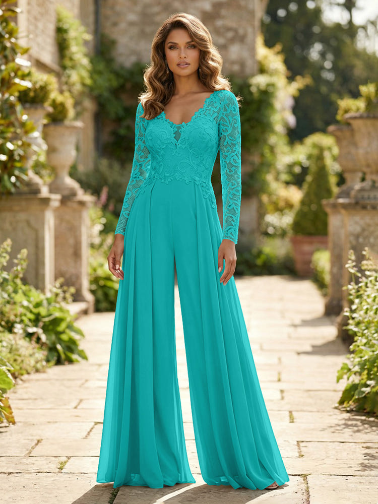 Chiffon V Neck Lace Mother of the Bride Pantsuits