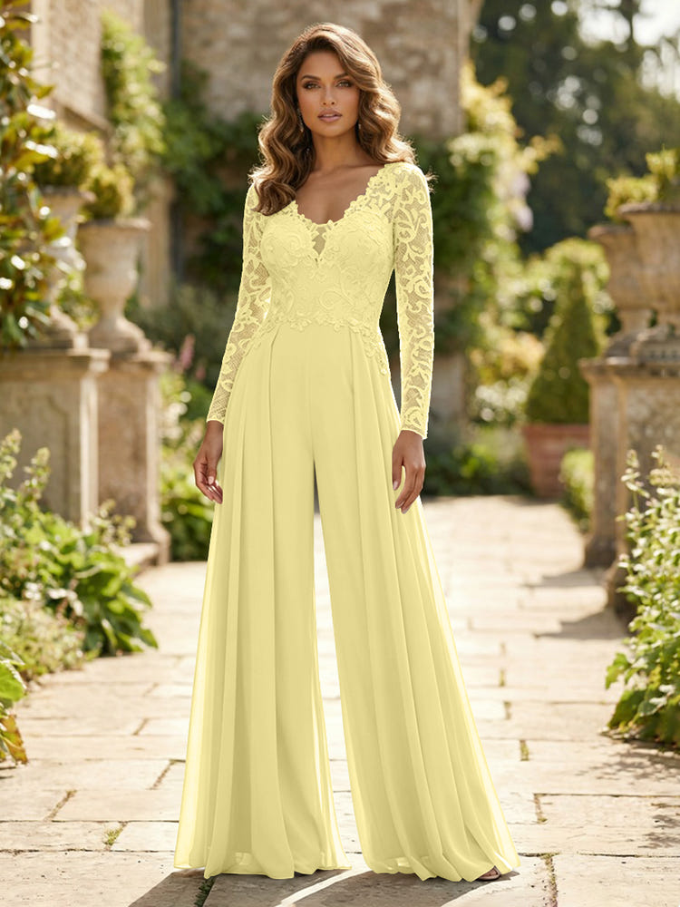 Chiffon V Neck Lace Mother of the Bride Pantsuits