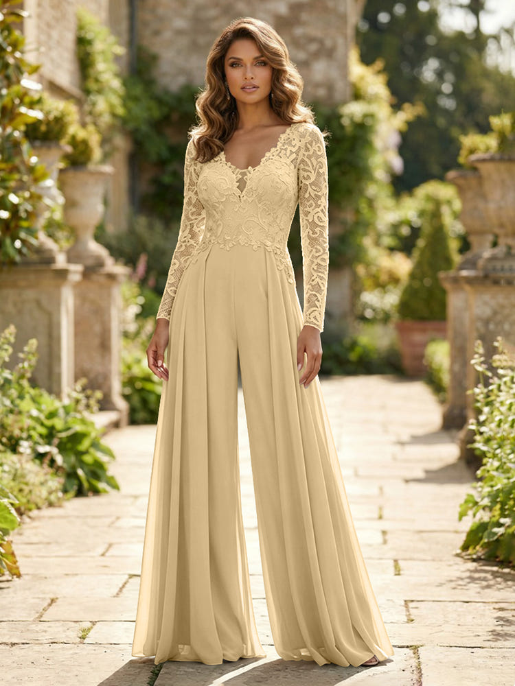 Chiffon V Neck Lace Mother of the Bride Pantsuits
