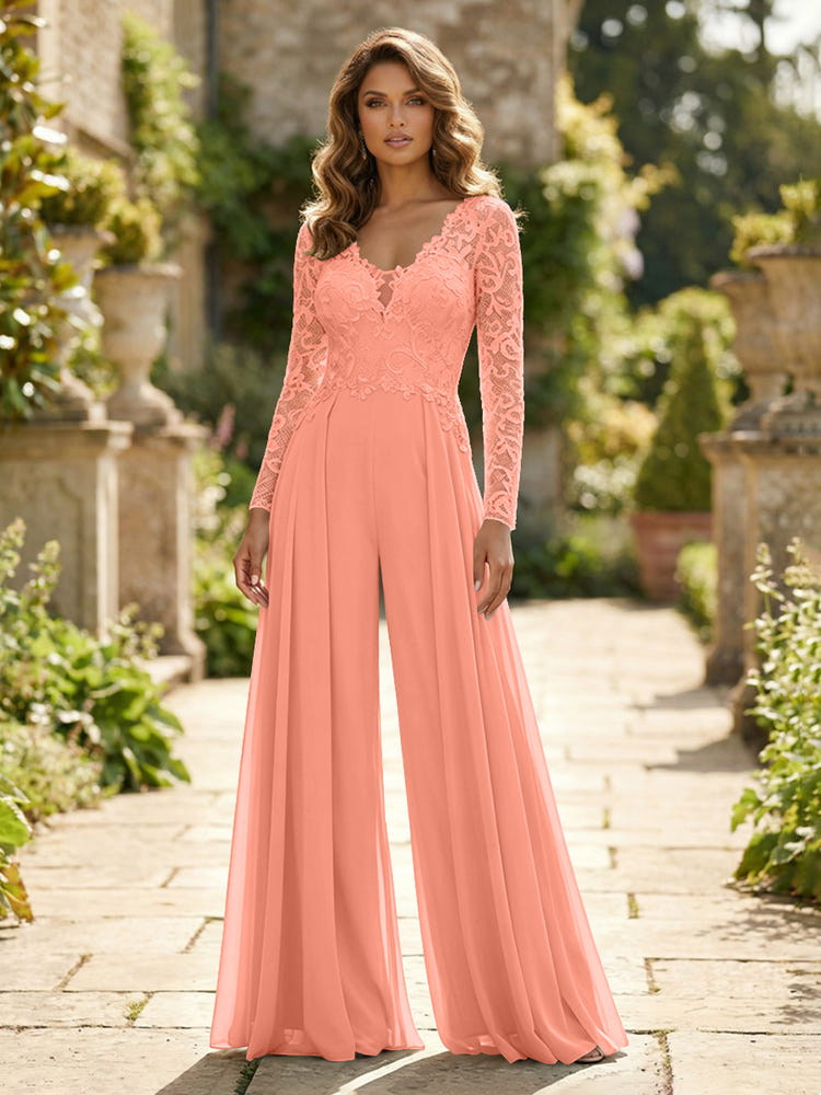 Chiffon V Neck Lace Mother of the Bride Pantsuits