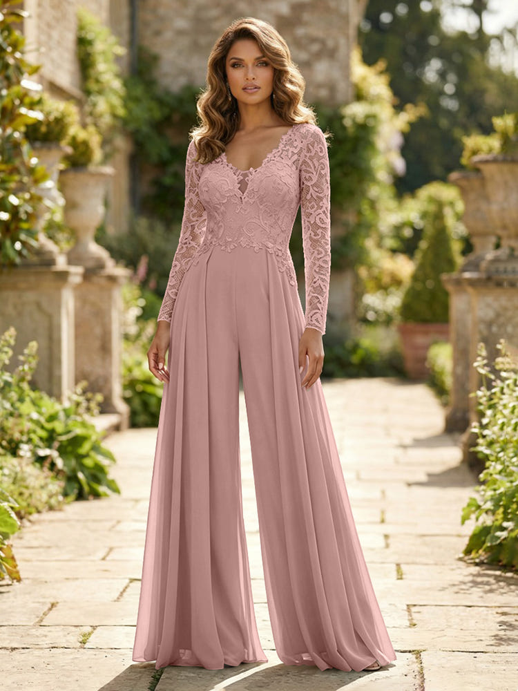 Chiffon V Neck Lace Mother of the Bride Pantsuits