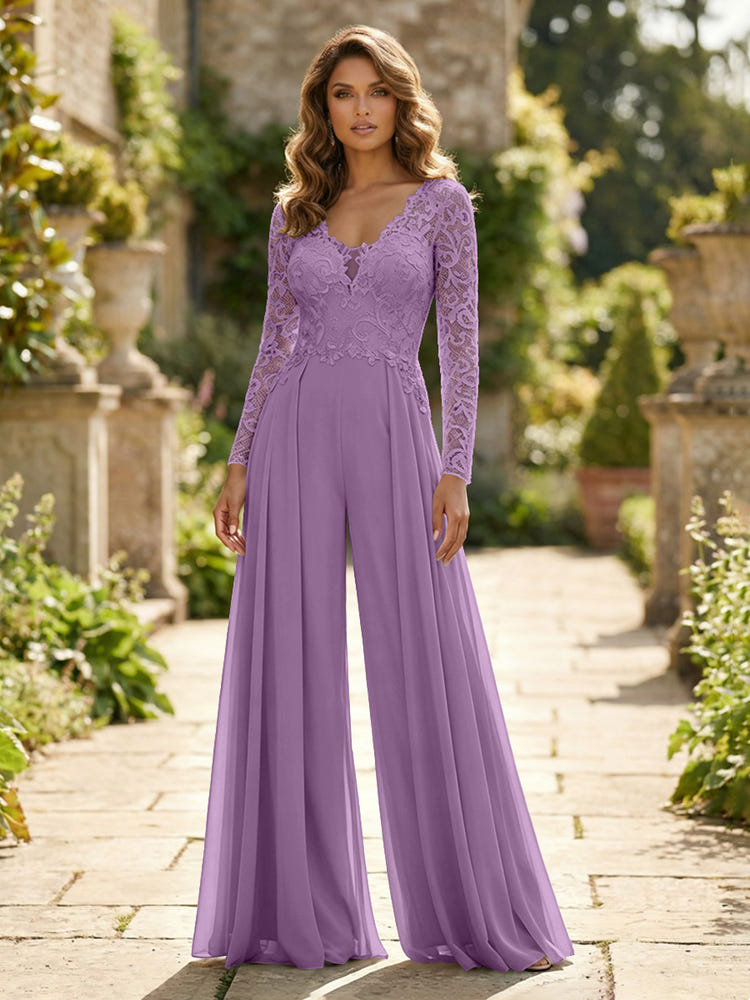 Chiffon V Neck Lace Mother of the Bride Pantsuits