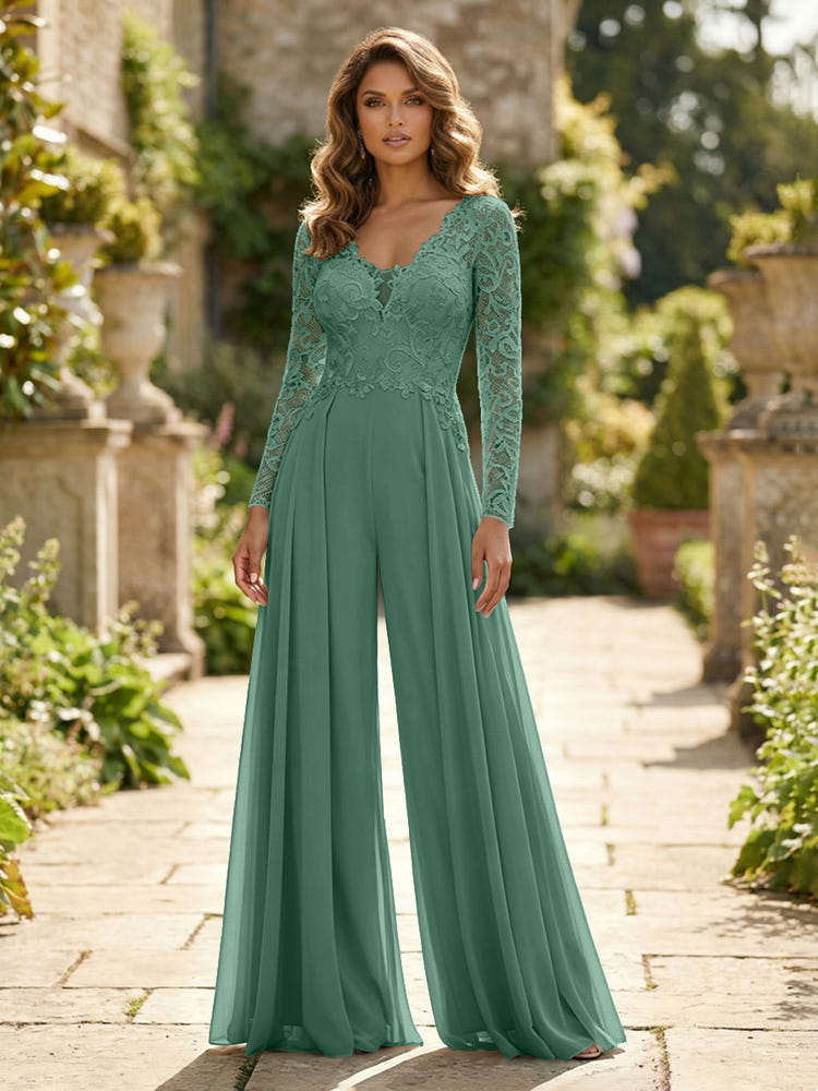 Chiffon V Neck Lace Mother of the Bride Pantsuits