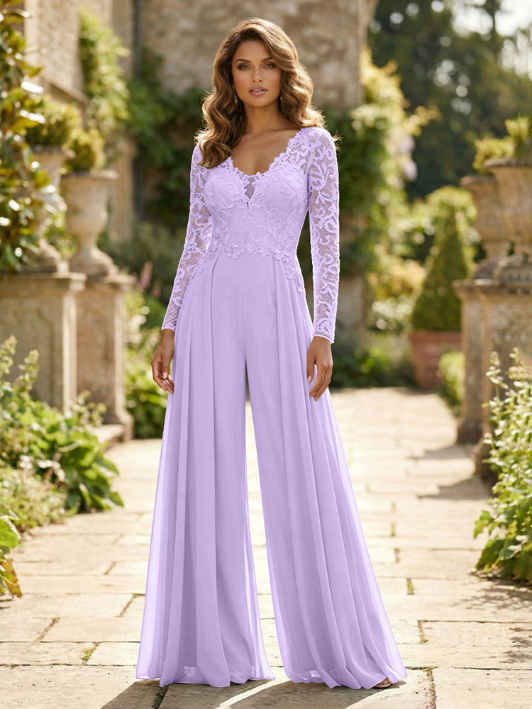 Chiffon V Neck Lace Mother of the Bride Pantsuits