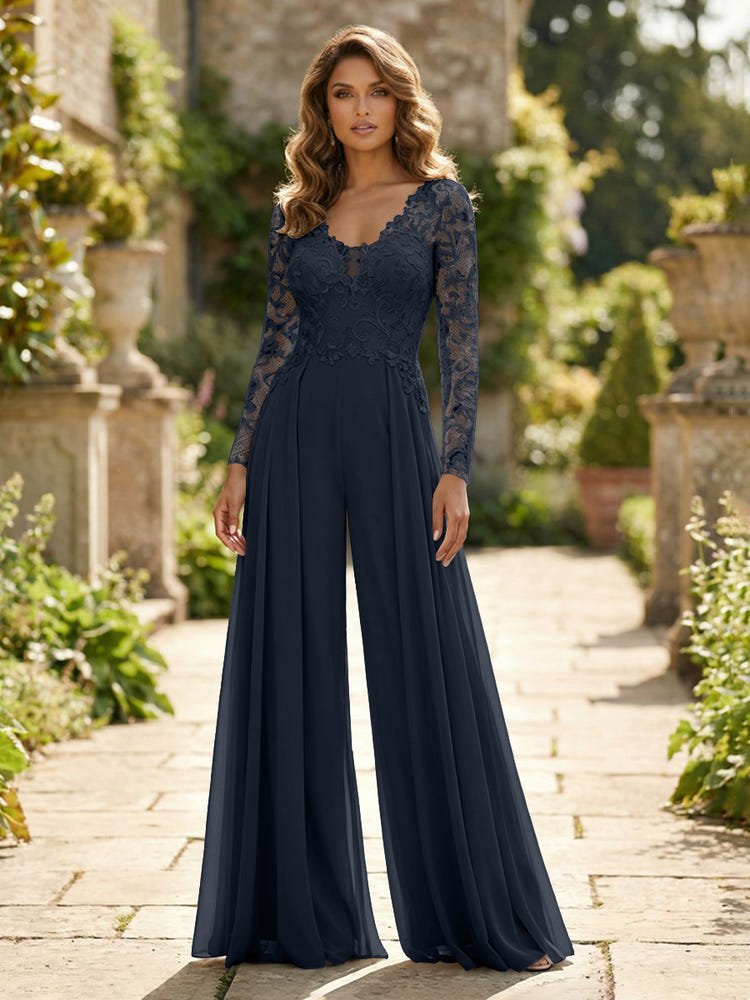 Chiffon V Neck Lace Mother of the Bride Pantsuits