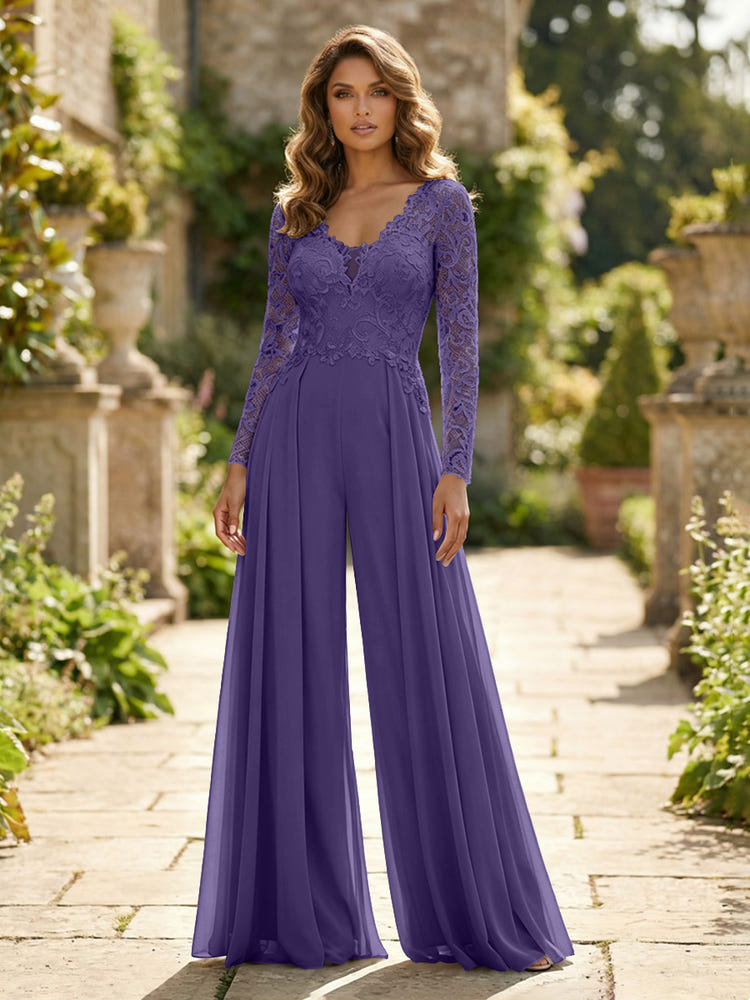 Chiffon V Neck Lace Mother of the Bride Pantsuits