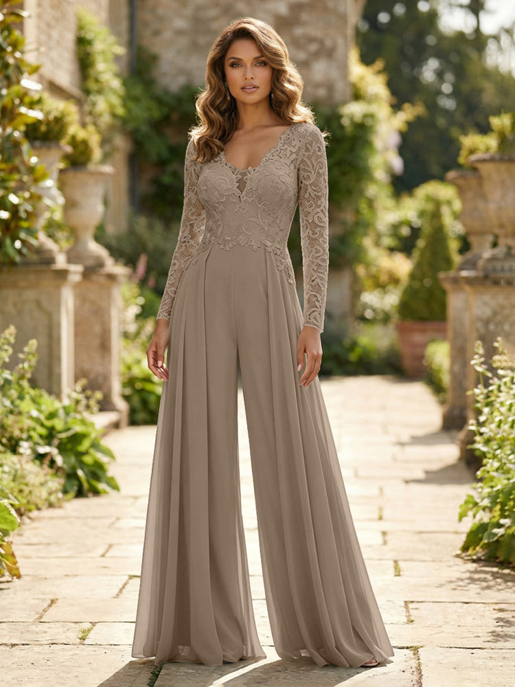 Chiffon V Neck Lace Mother of the Bride Pantsuits