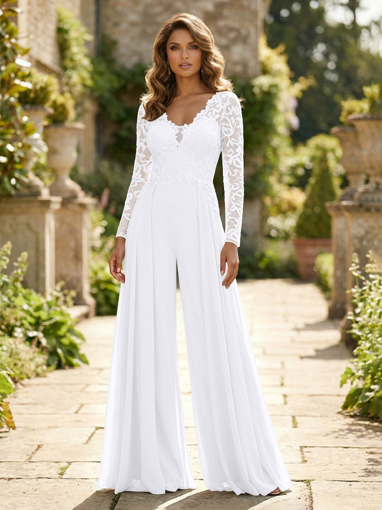 Chiffon V Neck Lace Mother of the Bride Pantsuits